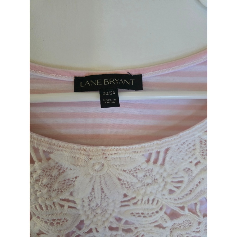 Lane Bryant Pink White Striped Crochet Lace Trim Knit Top Plus Size 22/24 - Picture 4 of 6